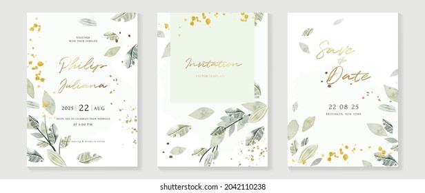 Luxury wedding invitation card background  with golden line art flower and botanical leaves, Organic shapes, Watercolor. Abstract art background vector design for wedding and vip cover template.
