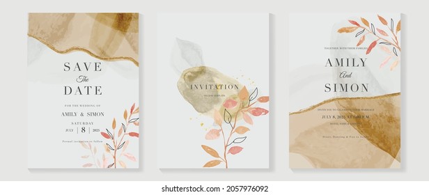 Luxury wedding invitation card background  with golden line art flower and botanical leaves, Organic shapes, Watercolor. Abstract art background vector design for wedding and vip cover template.