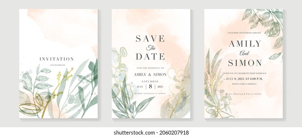 Luxury wedding invitation card background  with golden line art flower and botanical leaves, Organic shapes, Watercolor. Abstract art background vector design for wedding and vip cover template.