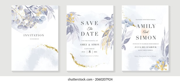 Luxury wedding invitation card background  with golden line art flower and botanical leaves, Organic shapes, Watercolor. Abstract art background vector design for wedding and vip cover template.