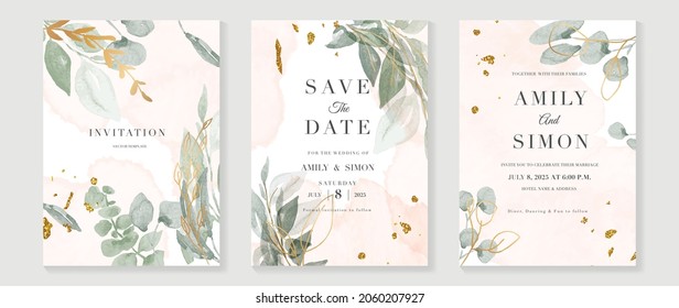 Lujoso fondo de tarjeta de invitación de boda con flor de arte de línea dorada y hojas botánicas, formas orgánicas, acuarela. Resumen de diseño vectorial de fondo de arte para la plantilla de portada de bodas y vip.