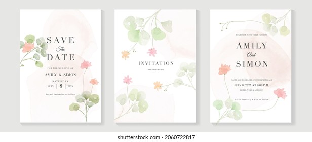 Luxury wedding invitation card background  with golden line art flower and botanical leaves, Organic shapes, Watercolor. Abstract art background vector design for wedding and vip cover template.