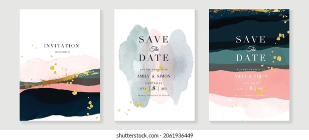 Luxury wedding invitation card background  with golden line art flower and botanical leaves, Organic shapes, Watercolor. Abstract art background vector design for wedding and vip cover template.