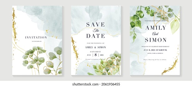 Luxury Wedding Invitation Card Background  With Golden Line Art Flower And Botanical Leaves, Organic Shapes, Watercolor. Abstract Art Background Vector Design For Wedding And Vip Cover Template.