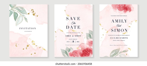 Luxury wedding invitation card background  with golden line art flower and botanical leaves, Organic shapes, Watercolor. Abstract art background vector design for wedding and vip cover template.