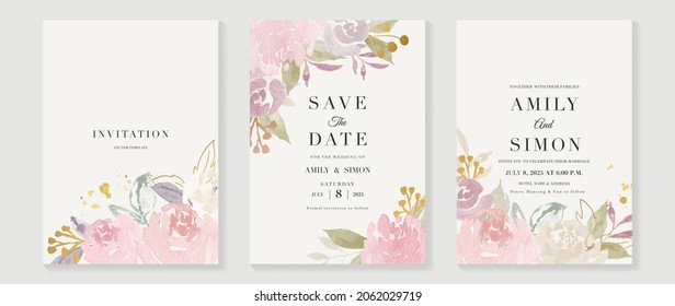 Luxury wedding invitation card background  with golden line art flower and botanical leaves, Organic shapes, Watercolor. Abstract art background vector design for wedding and vip cover template.