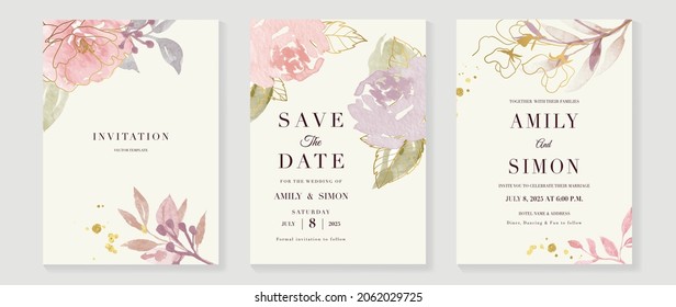 Luxury wedding invitation card background  with golden line art flower and botanical leaves, Organic shapes, Watercolor. Abstract art background vector design for wedding and vip cover template.