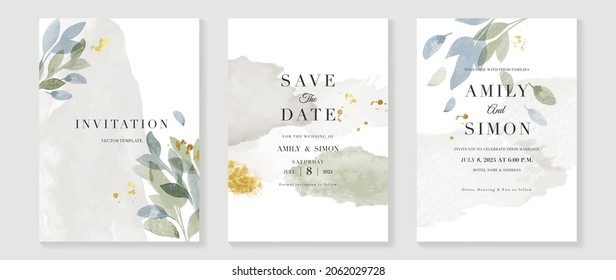 Luxury wedding invitation card background  with golden line art flower and botanical leaves, Organic shapes, Watercolor. Abstract art background vector design for wedding and vip cover template.