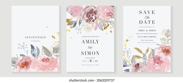 Luxury wedding invitation card background  with golden line art flower and botanical leaves, Organic shapes, Watercolor. Abstract art background vector design for wedding and vip cover template.