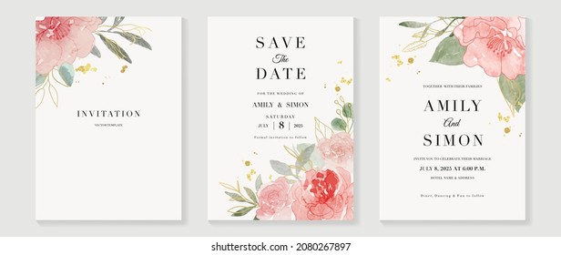 Luxury wedding invitation card background  with golden line art flower and botanical leaves, Organic shapes, Watercolor. Abstract art background vector design for wedding and vip cover template.