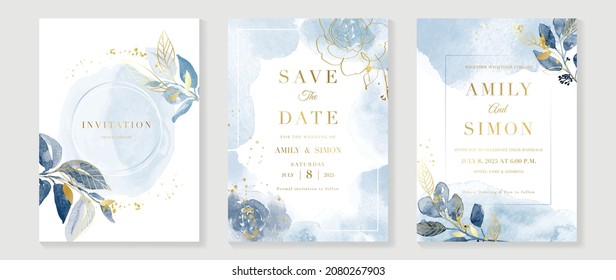 Luxury wedding invitation card background  with golden line art flower and botanical leaves, Organic shapes, Watercolor. Abstract art background vector design for wedding and vip cover template.