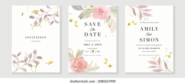 Luxury wedding invitation card background  with golden line art flower and botanical leaves, Organic shapes, Watercolor. Abstract art background vector design for wedding and vip cover template.