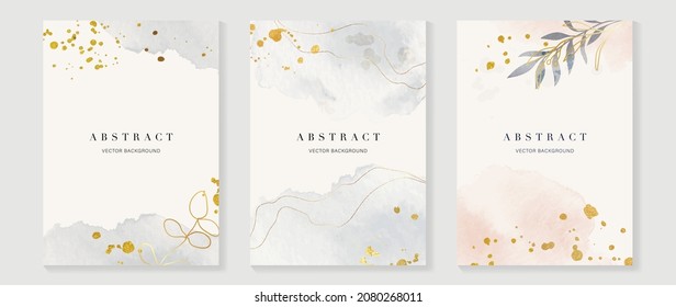 Luxury wedding invitation card background  with golden line art flower and botanical leaves, Organic shapes, Watercolor. Abstract art background vector design for wedding and vip cover template.