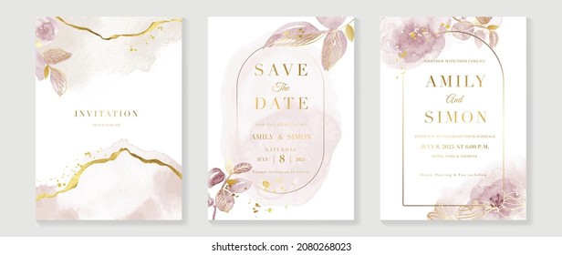 Luxury wedding invitation card background  with golden line art flower and botanical leaves, Organic shapes, Watercolor. Abstract art background vector design for wedding and vip cover template. - Shutterstock ID 2080268023
