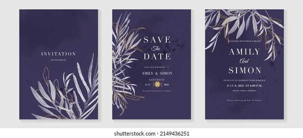 Lujoso fondo de tarjeta de invitación de boda con hojas de arte de línea dorada y ramas de hojas, textura color púrpura. Resumen de diseño vectorial de fondo de arte para boda, vip, plantilla de portada, afiche.