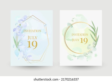 Luxury wedding invitation card background with golden line art flower and botanical leaves, Organic shapes, Watercolor.