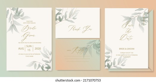 Luxury wedding invitation card background with green watercolor botanical leaves. Abstract floral art background vector design for wedding and vip cover template