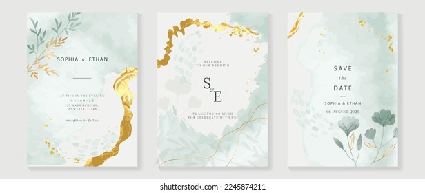 Luxury wedding invitation card background with golden texture line art template. Watercolor flower and botanical leaf branch background. Design illustration for wedding and vip cover template, banner.