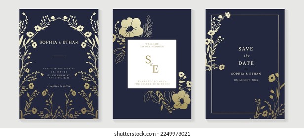 Luxury wedding invitation card background vector. Golden texture botanical flower leaf branch with geometric frame template background. Design illustration for wedding and vip cover template, banner.