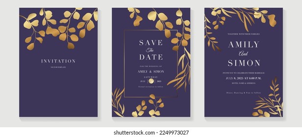 Luxury wedding invitation card background vector. Golden texture botanical floral leaf branch with geometric frame line art template. Design illustration for wedding and vip cover template, banner.