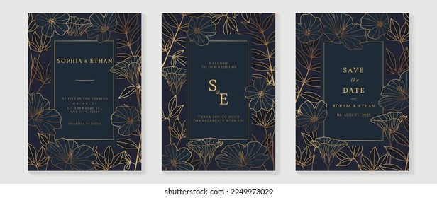 Luxury wedding invitation card background vector. Gradient gold texture botanical flower leaf branch line art template background. Design illustration for wedding and vip cover template, banner.