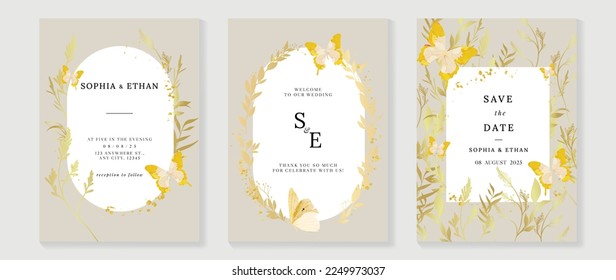 Luxury wedding invitation card background vector. Golden texture botanical leaf branch and butterfly with geometric frame template. Design illustration for wedding and vip cover template, banner.