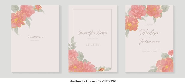 Luxury wedding invitation card background vector. Elegant watercolor botanical flower and gold line art texture template background. Design illustration for wedding and vip cover template, banner.