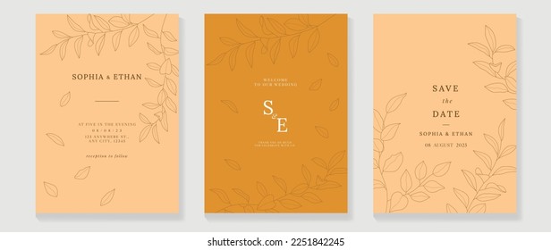 Luxury wedding invitation card background vector. Abstract botanical leaf branch contour drawing line art texture template background. Design illustration for wedding and vip cover template, banner.