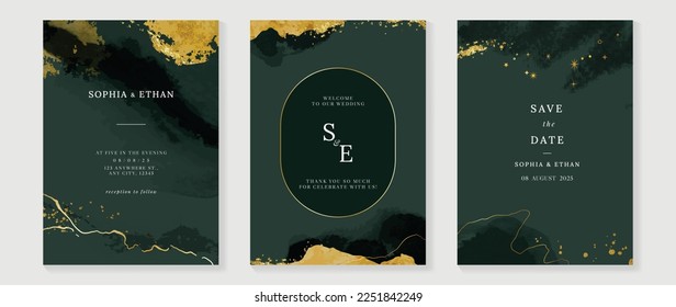 Luxury wedding invitation card background vector. Elegant golden streak, brush paint on dark green watercolor texture background. Design illustration for wedding and vip cover template, banner.