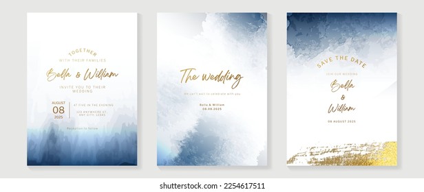 Luxury wedding invitation card background vector set. Abstract watercolor brush paint with glittering shimmer golden texture background. Design illustration for wedding and vip cover template, banner.