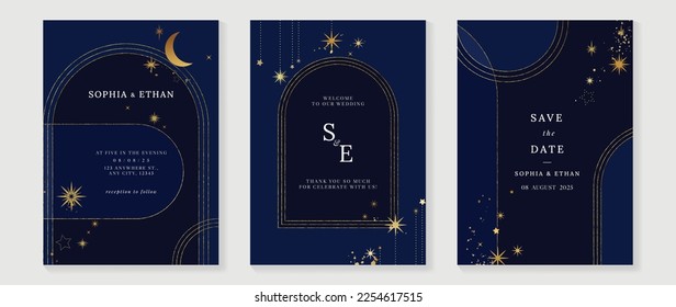 Luxury wedding invitation card background vector set. Elegant golden texture of arch frame line art and sparkles, stars, crescent moon. Design illustration for wedding and vip cover template, banner.