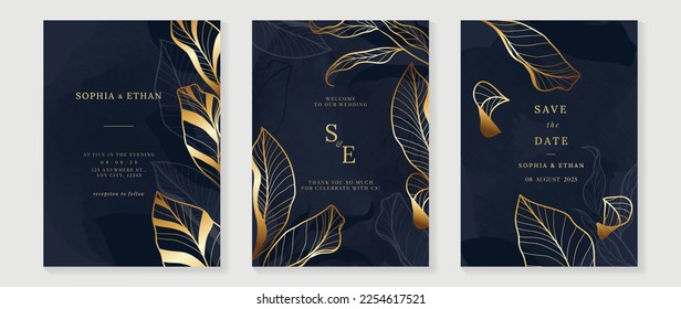 Luxury wedding invitation card background vector set. Elegant gradient golden botanical leaf branch line art texture on dark background. Design illustration for wedding and vip cover template, banner.