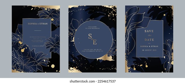 Luxury wedding invitation card background vector set. Elegant botanical flowers golden line art and brush stroke texture background. Design illustration for wedding and vip cover template, banner.