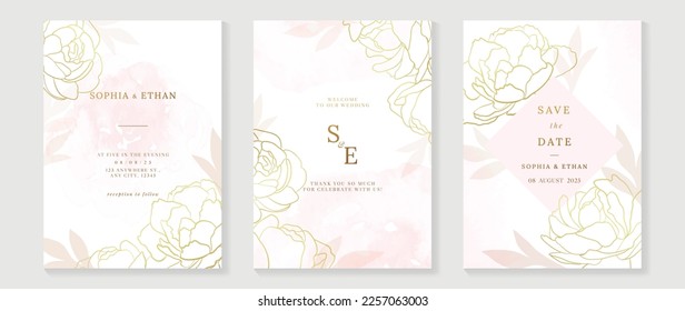 Luxury wedding invitation card background vector. Elegant botanical flower decorate with gold line art texture template background. Design illustration for wedding and vip cover template, banner.