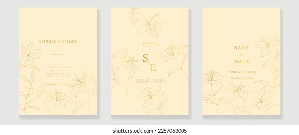 Luxury wedding invitation card background vector. Elegant botanical lily flower decorate with gold line art texture template background. Design illustration for wedding and vip cover template, banner.