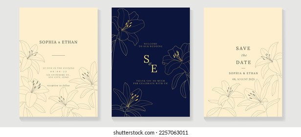 Luxury wedding invitation card background vector. Elegant botanical lily flower and golden line art texture template background. Design illustration for wedding and vip cover template, banner.