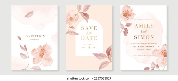 Luxury wedding invitation card background vector. Elegant watercolor botanical flower and line art with gold brush texture template. Design illustration for wedding and vip cover template, banner.