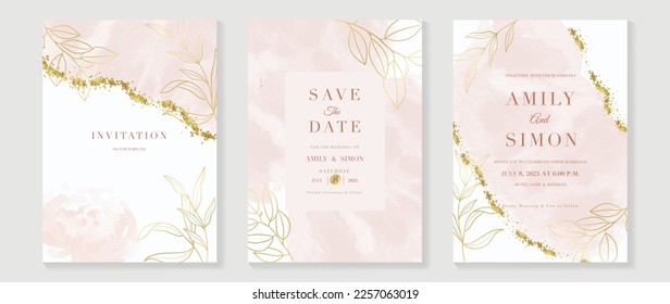 Luxury wedding invitation card background vector. Elegant botanical leaf branch gold line art with shimmer and watercolor texture. Design illustration for wedding and vip cover template, banner.