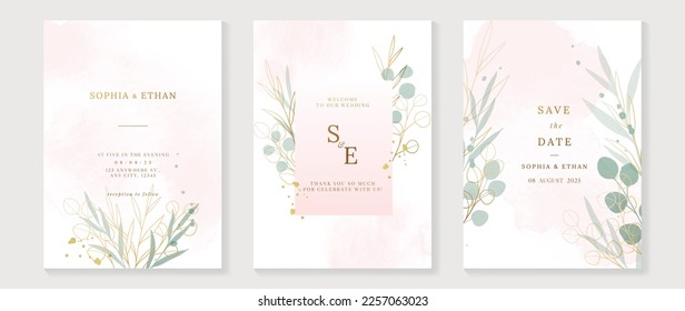 Vector de fondo de la tarjeta de invitación a boda de lujo. Elegante color de agua rama de hoja floral y fondo de la plantilla de textura de línea dorada. Ilustración de diseño para la plantilla de portada de bodas y vip, banner.