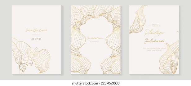 Vector de fondo de la tarjeta de invitación a boda de lujo. Decoración con flores botánicas elegantes fondo de la plantilla de textura de línea dorada. Ilustración de diseño para la plantilla de portada de bodas y vip, banner.