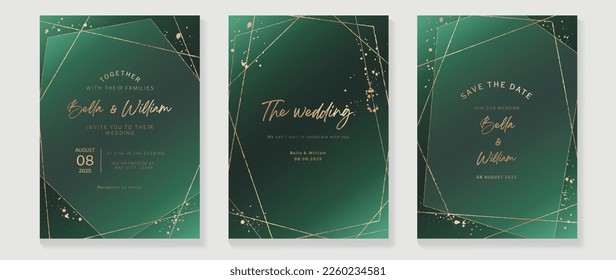 Luxury wedding invitation card background vector. Golden geometric frame line art with gold ink brush splatter and watercolor texture. Design illustration for wedding and vip cover template, banner.