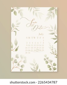 Luxury wedding invitation card background with green watercolor botanical leaves. Save the date calendar date. Abstract floral art background vector design for wedding and vip cover template