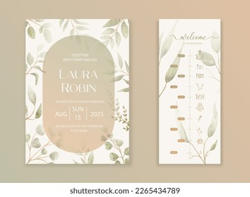 Luxury wedding invitation card background with green watercolor botanical leaves. Abstract floral art background vector design for wedding and vip cover template