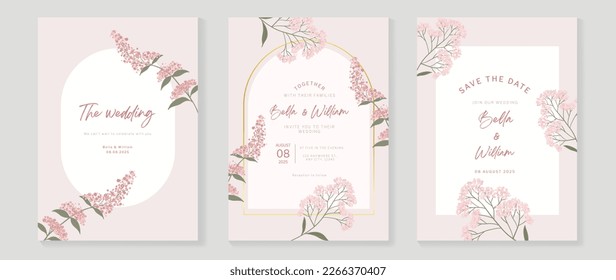 Luxury wedding invitation card background vector. Elegant watercolor botanical pink wildflowers and geometric arch gold frame texture. Design illustration for wedding and vip cover template, banner.