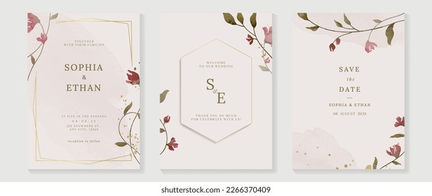 Luxury wedding invitation card background vector. Elegant watercolor botanical floral leaf branch and geometric gold frame texture. Design illustration for wedding and vip cover template, banner.