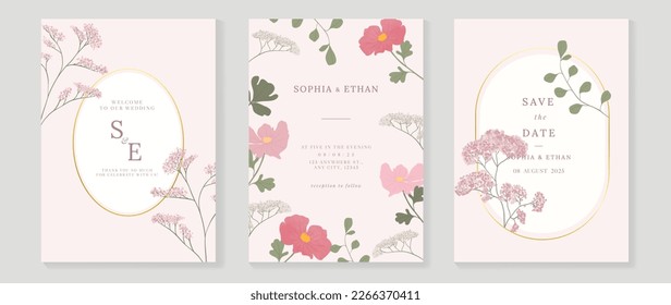 Vector de fondo de la tarjeta de invitación a boda de lujo. Elegante acuarela, flores silvestres de color rosado botánico y textura geométrica de marco dorado. Ilustración de diseño para la plantilla de portada de bodas y vip, banner.