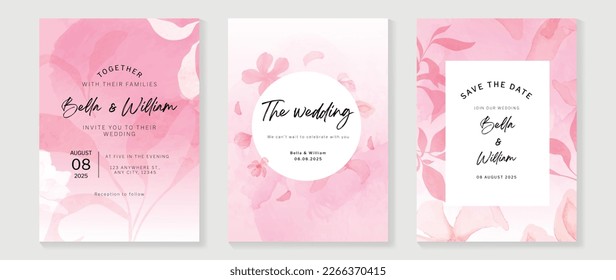 Vector de fondo de la tarjeta de invitación a boda de lujo. Elegante acuarela de color botánico beige rosa pastel flores silvestres y textura de marco de bifurcación de hojas. Diseño para la plantilla de portada de bodas y vip, banner.