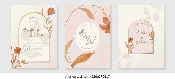 Luxury wedding invitation card background vector. Elegant watercolor botanical floral leaf branch and geometric arch gold frame texture. Design illustration for wedding and vip cover template, banner.