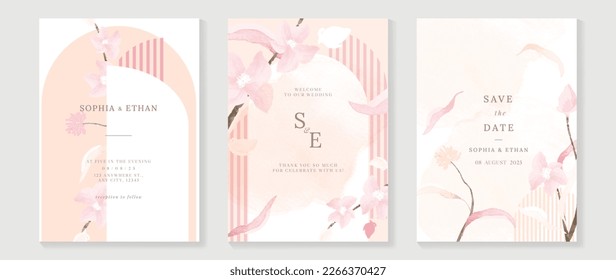 Vector de fondo de la tarjeta de invitación a boda de lujo. Elegante acuarela de color botánico beige rosa pastel flores silvestres y textura rayada. Ilustración de diseño para la plantilla de portada de bodas y vip, banner.