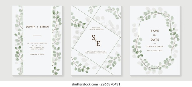 Luxury wedding invitation card background vector. Elegant watercolor botanical green eucalyptus leaves wreath frame texture template. Design illustration for wedding and vip cover template, banner.